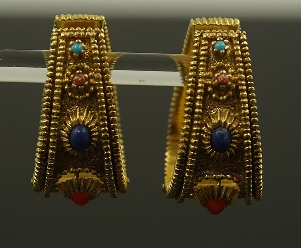 A pair of continental high carat gold and semi-precious gem set hinged loop earrings